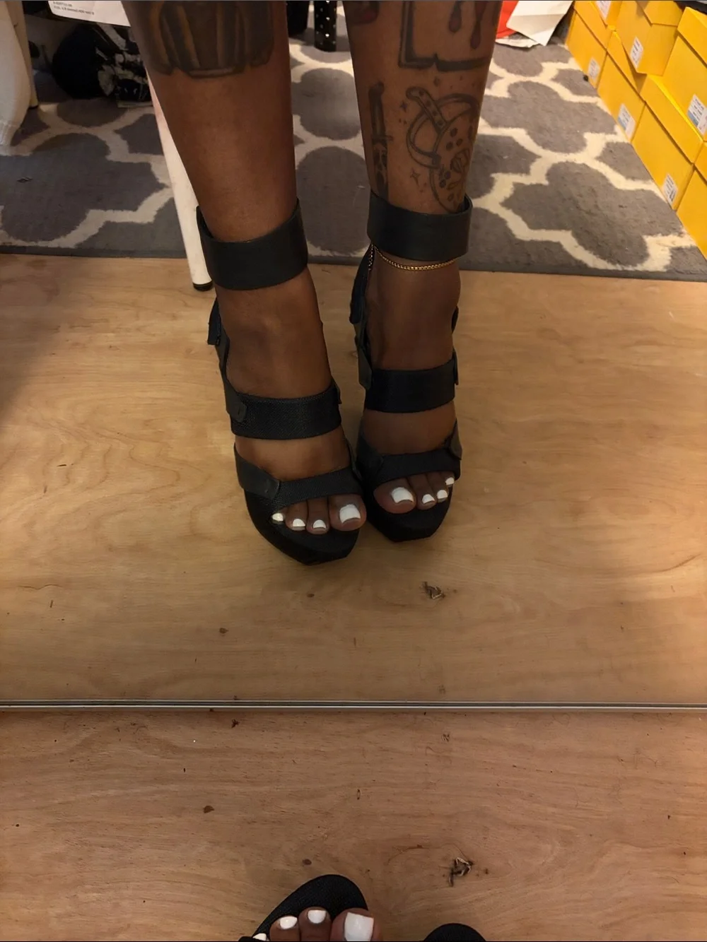 L.A.M.B. Black Leather Ankle-Strap Platform Wedges